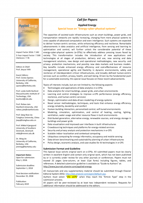 Applied Energy's Special Issue: Energy-cyber-physical Systems Applied Energy's Special Issue: Energy-cyber-physical Systems